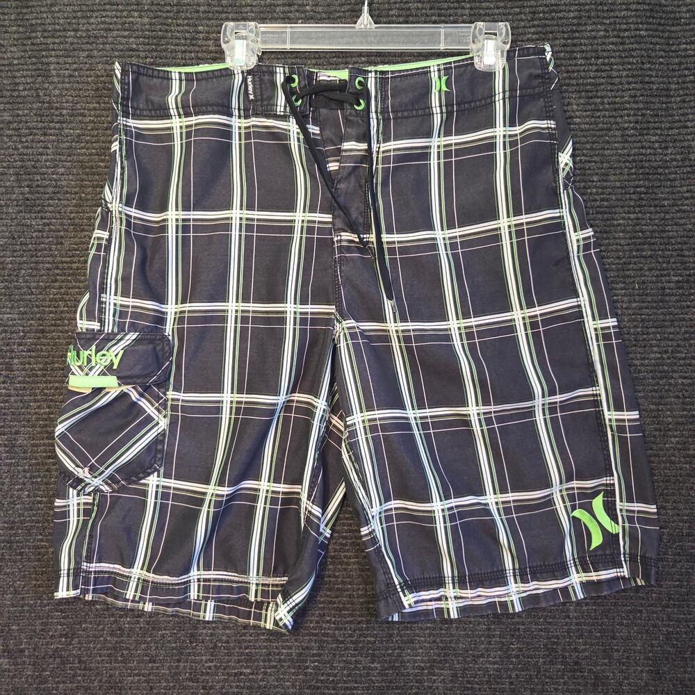 Hurley Boardshorts Men's 34 Black Plaid Grid Board Shorts Surf Swim Trunks